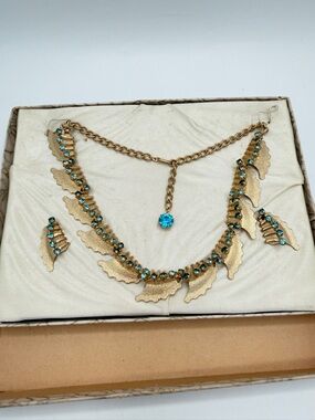 Vintage Blue and Gold Necklace and Earring Set in Original Box